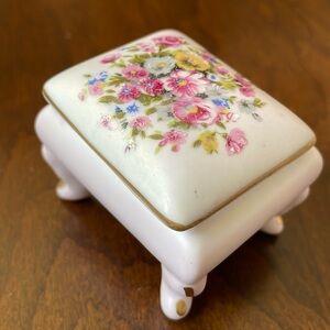 Miniature porcelain footed hand painted flowers German box trinket